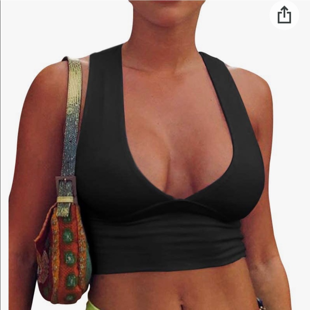 Deep V Neck Back Cutout Racerback Tank Crop Tops